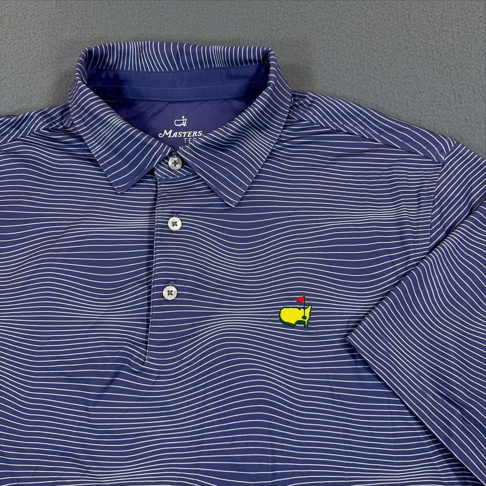 Masters Tech Golf Polo Shirt Mens Medium Navy Blue White Wavy Stripe Performance